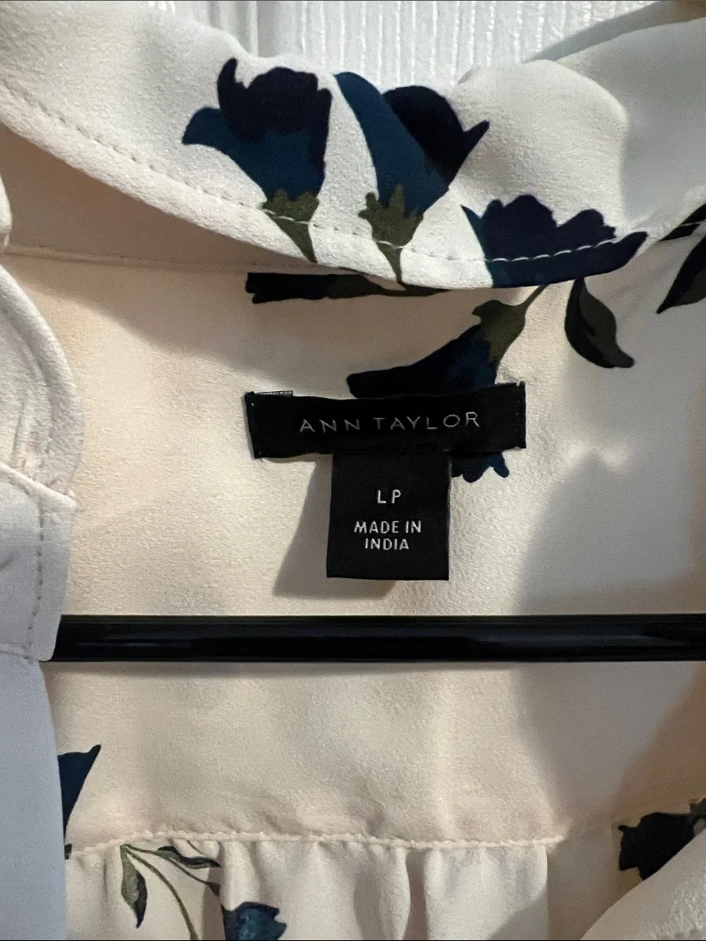 Ann Taylor Cream Blouse with Navy Floral Print and Ruffle Sleeves - Picture 2 of 4